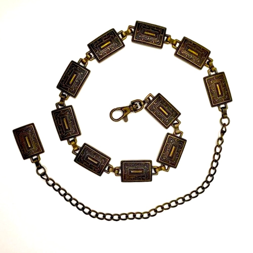 Women’s Rectangular Embossed Metal Concho Antique Bronze Chain Bohemian Belt OS